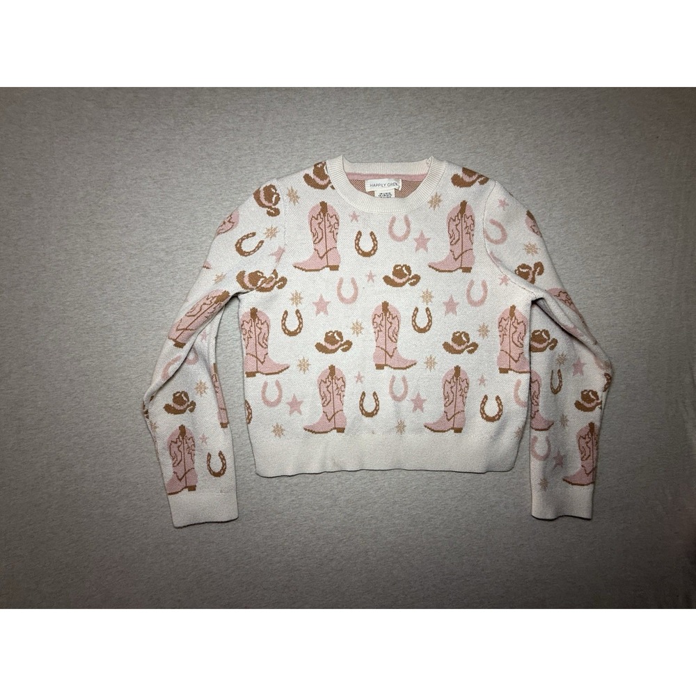 Happily Grey Sweater Girl Size 10/12 Large Pink Beige Cowgirl Print